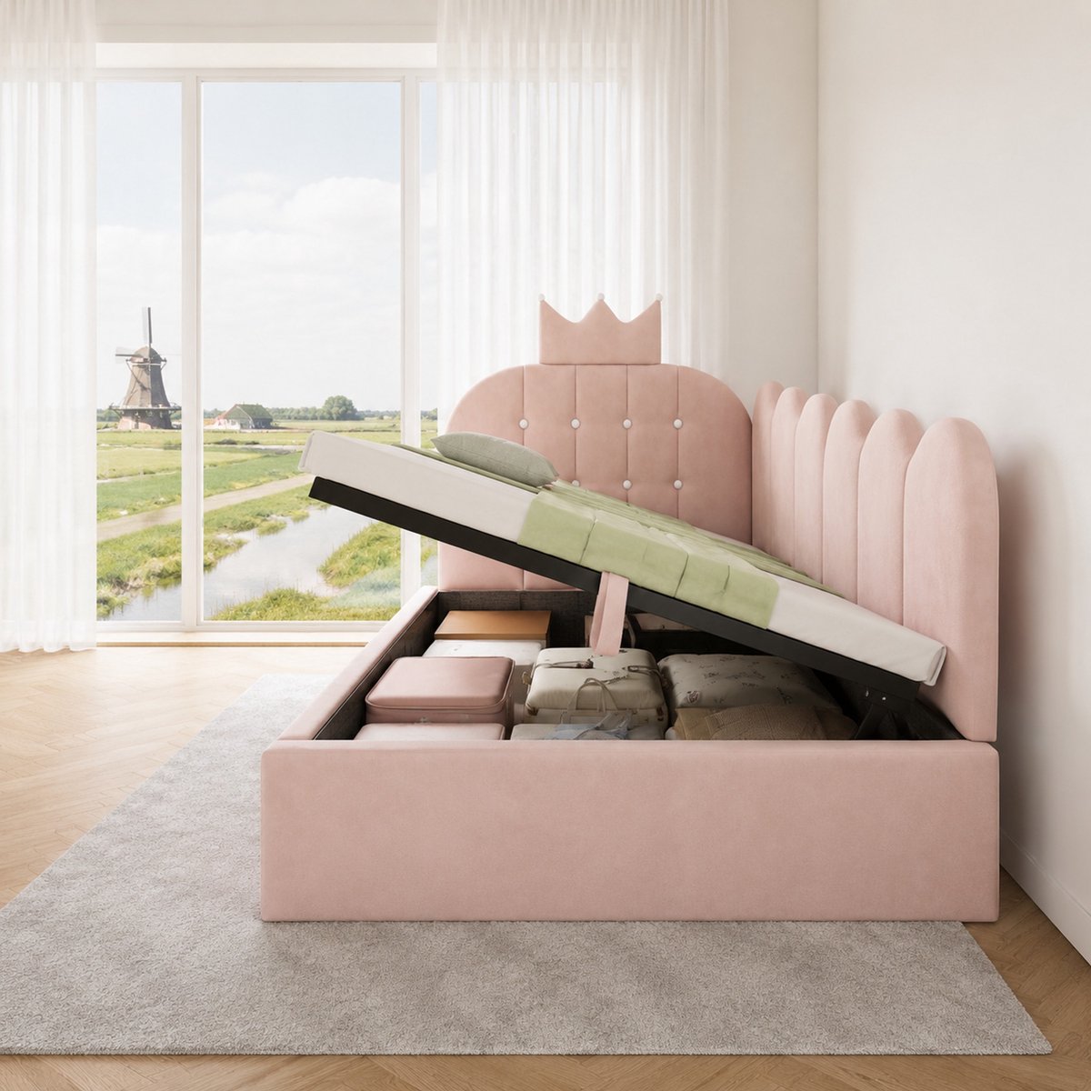 WUVRIE Bedbank 90x200 cm met hydraulische opbergruimte, velours en kroonvormig hoofdeinde, roze