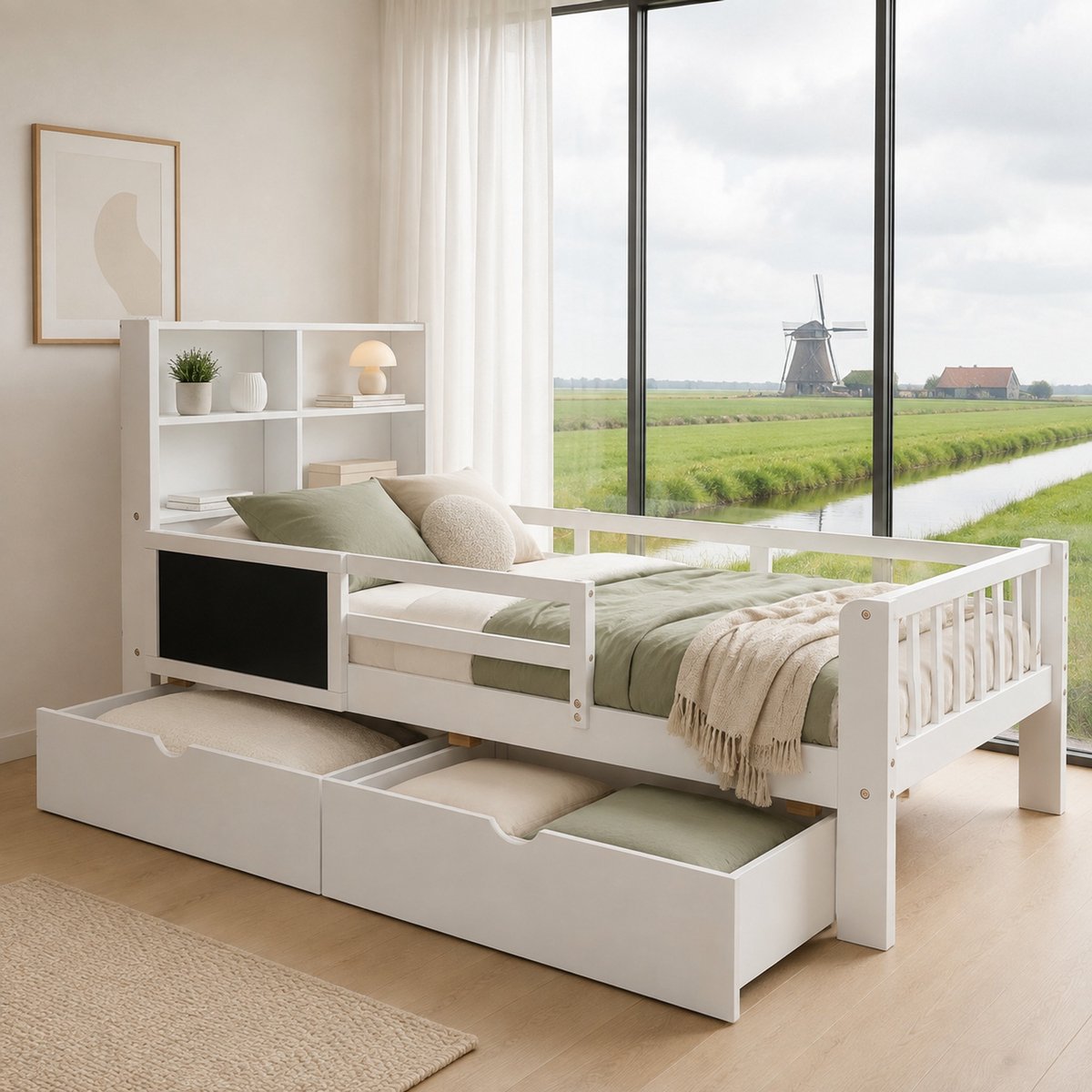 WUVRIE Kinderbed 90x200 cm met opbergruimte, veiligheidsleuning en lattenbodem, wit, zonder matras