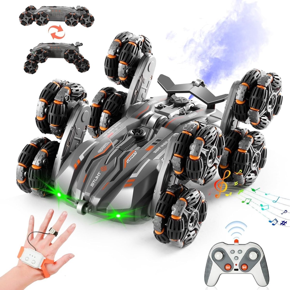 Ntech 8WD RC Stunt Auto met Gebarenbesturing Grijs – 360° Flip & Spins, Dubbelzijdig Rijden, LED-Verlichting, Waternevel & Muziek – 2,4 GHz Afstandsbediening – Stoere Stuntauto voor Kinderen