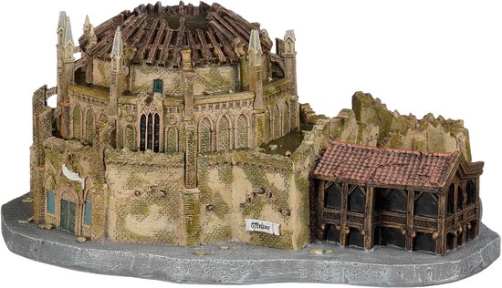 Efteling Danse Macabre met muziek, een gedetailleerd model van het spookhuis met verweerde stenen en een bruin houten gebouwtje.