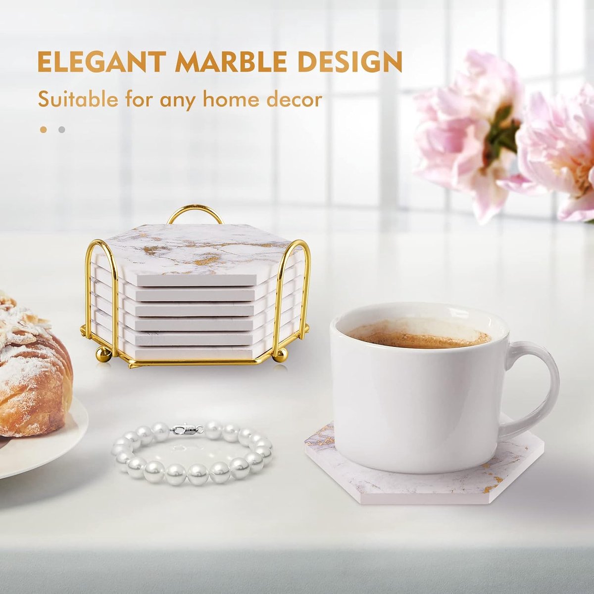 Onderzetters - Set van 6 - 4 cm - Marmer - Gouden
