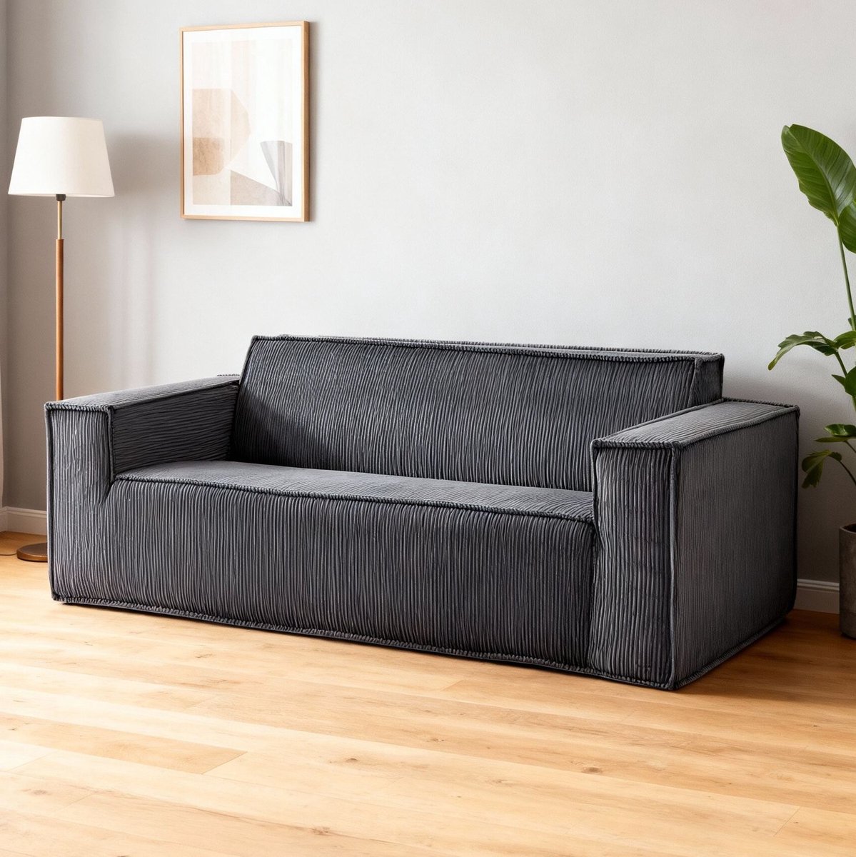 REDOM 2-zits zitbank - Diepe zitting - Corduroy bekleding - Schuimvulling met veren - Zonder montage - Modern - Stof - Grijs - 178 x 86 x 70 cm