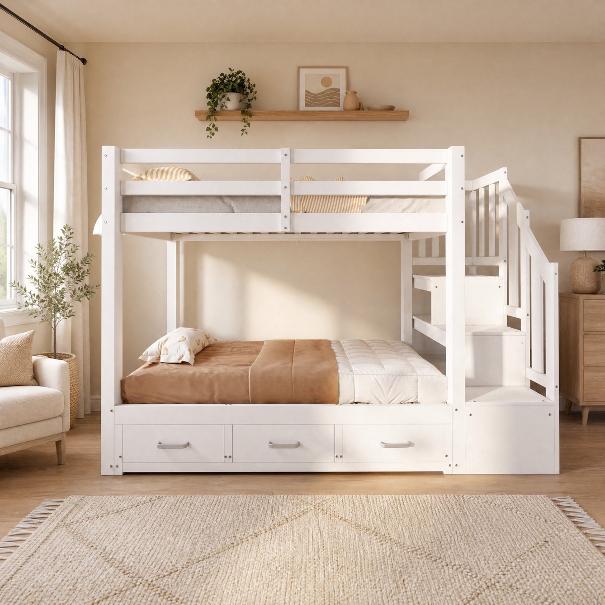 REDOM Stapelbed met uitklapbed - 3 bedlades en opbergruimte in de trap - Handmatige uitklapfunctie - Hout en MDF - 251 x 187 x 160 cm Wit