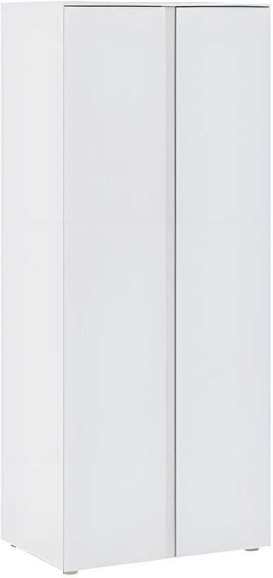 Moderne witte kledingkast met twee deuren en een glanzende afwerking.