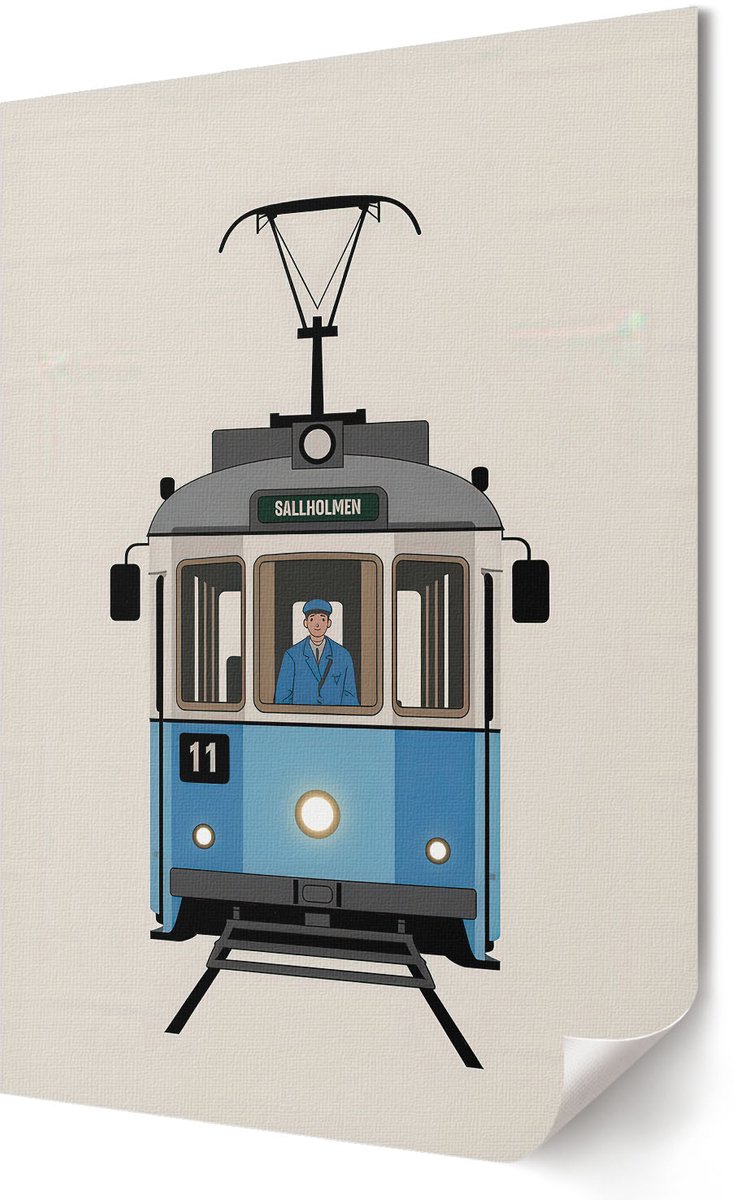 Coloray Polycanvas Poster - Nostalgische Tram, Illustratie - 420 x 594 - Blauw Wanddecoratie - Rechthoek - Wandkunst - Woonkamer, Slaapkamer, Kantoor - Popcultuur