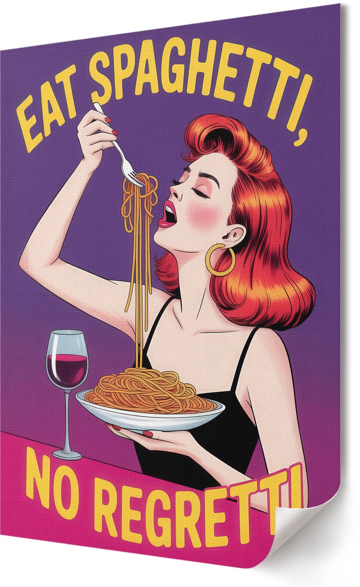 Coloray Polycanvas Wandposter - Eet Spaghetti, Illustratie - 420 x 594 - Paars Wandposter - Rechthoek - Canvasposter - Woonkamer, Slaapkamer, Kantoor - Retro