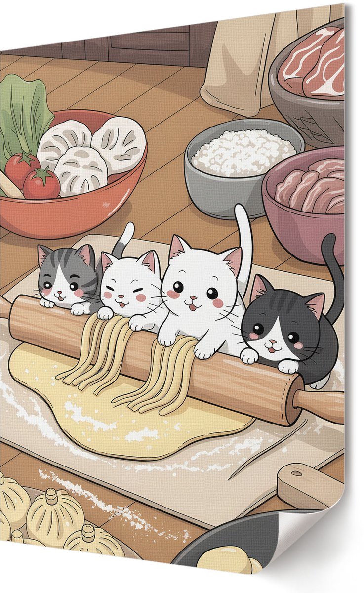 Coloray Polycanvas Wandposter - Katten In De Keuken, Illustratie - 420 x 594 - Romig Design - Rechthoek - Muurkunst - Woonkamer, Slaapkamer, Kantoor - Kinder
