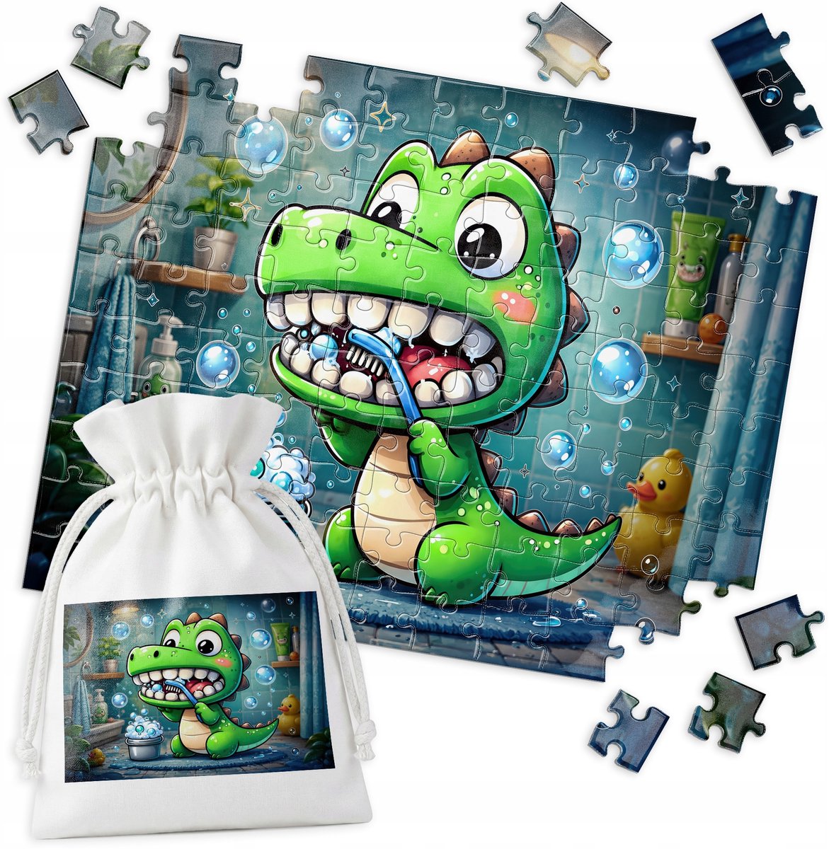 Dino Puzzel - Tandenpoetsen in Bad - 110 stukjes