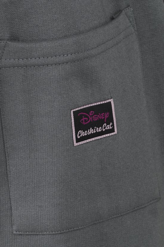 Detailopname van achterzak op grijze joggingbroek met Disney Cheshire Cat-merklabel.