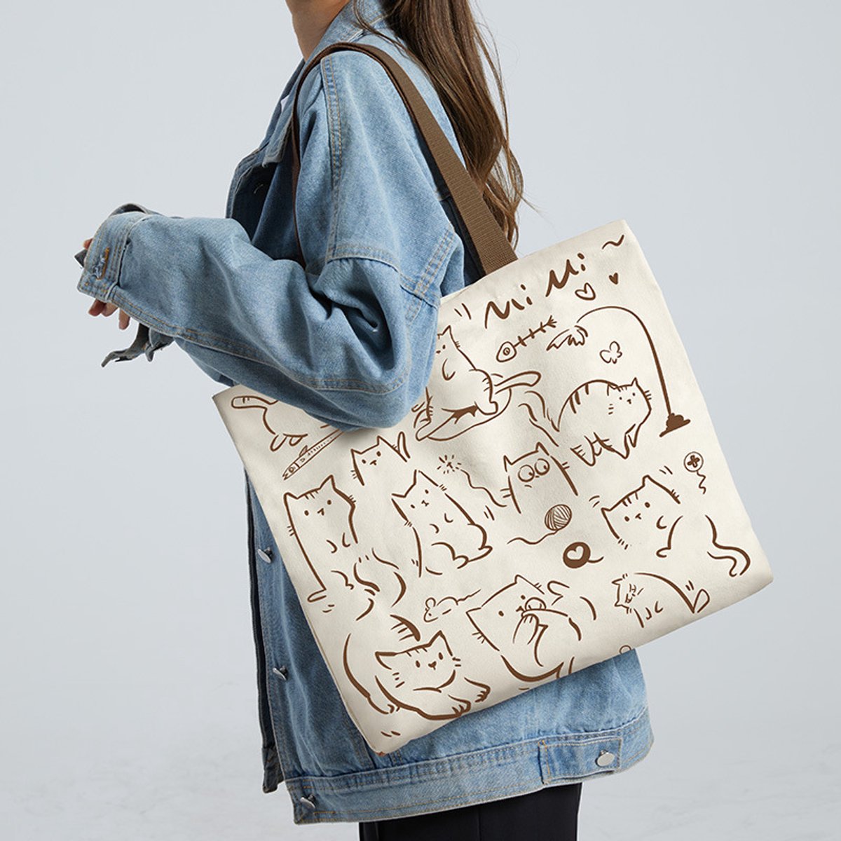 tassen voor vrouwen, herbruikbare leuke grote kat draagtas canvas draagtas met ritssluiting en zakken canvas boodschappentas, met mesh tas geschenken voor kattenliefhebbers voor