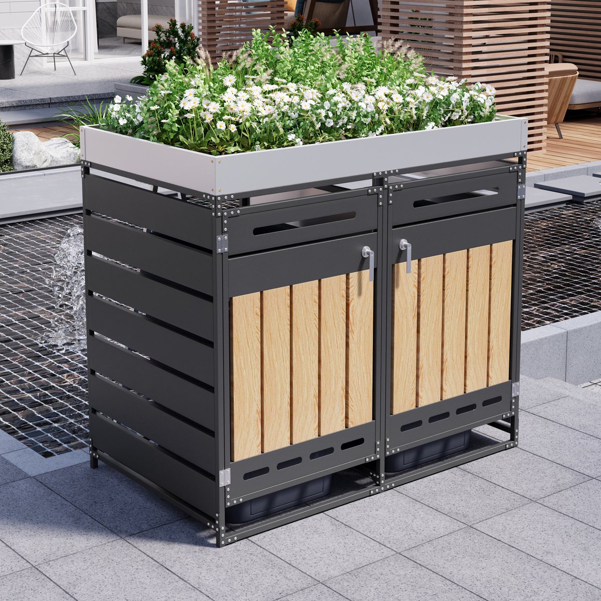 Wishdor Afvalbakberging met plantenbak - 2 vakken en ventilatie - Afsluitbaar met veiligheidsketting - Modern buitenontwerp - Tuin terras buitenruimte - Metaal - Zwart - 131 x 79 x 120 cm