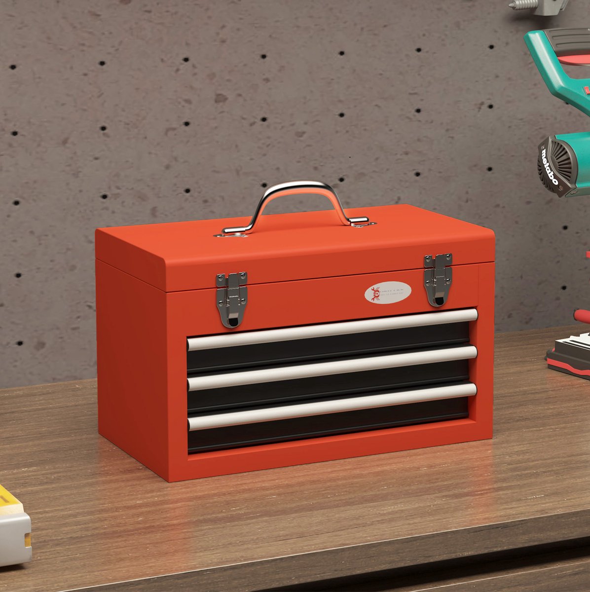 REDOM - Gereedschapskoffer - Met 3 lades en bovenvak - Met handgreep en 2 sloten - Staal - Werkplaats - Rood - 45 x 24 x 27 cm
