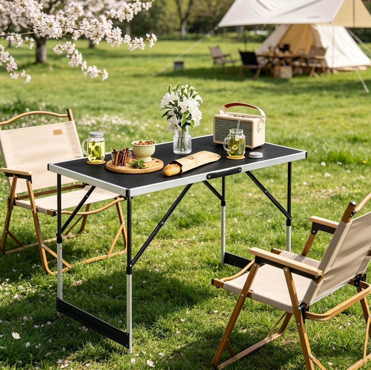 Wishdor Verstelbare tuintafel - Opvouwbaar en in 4 hoogtes verstelbaar - Aluminium en MDF - Voor tuin balkon camping en werk - Zwart - 100 x 60 x 94 cm
