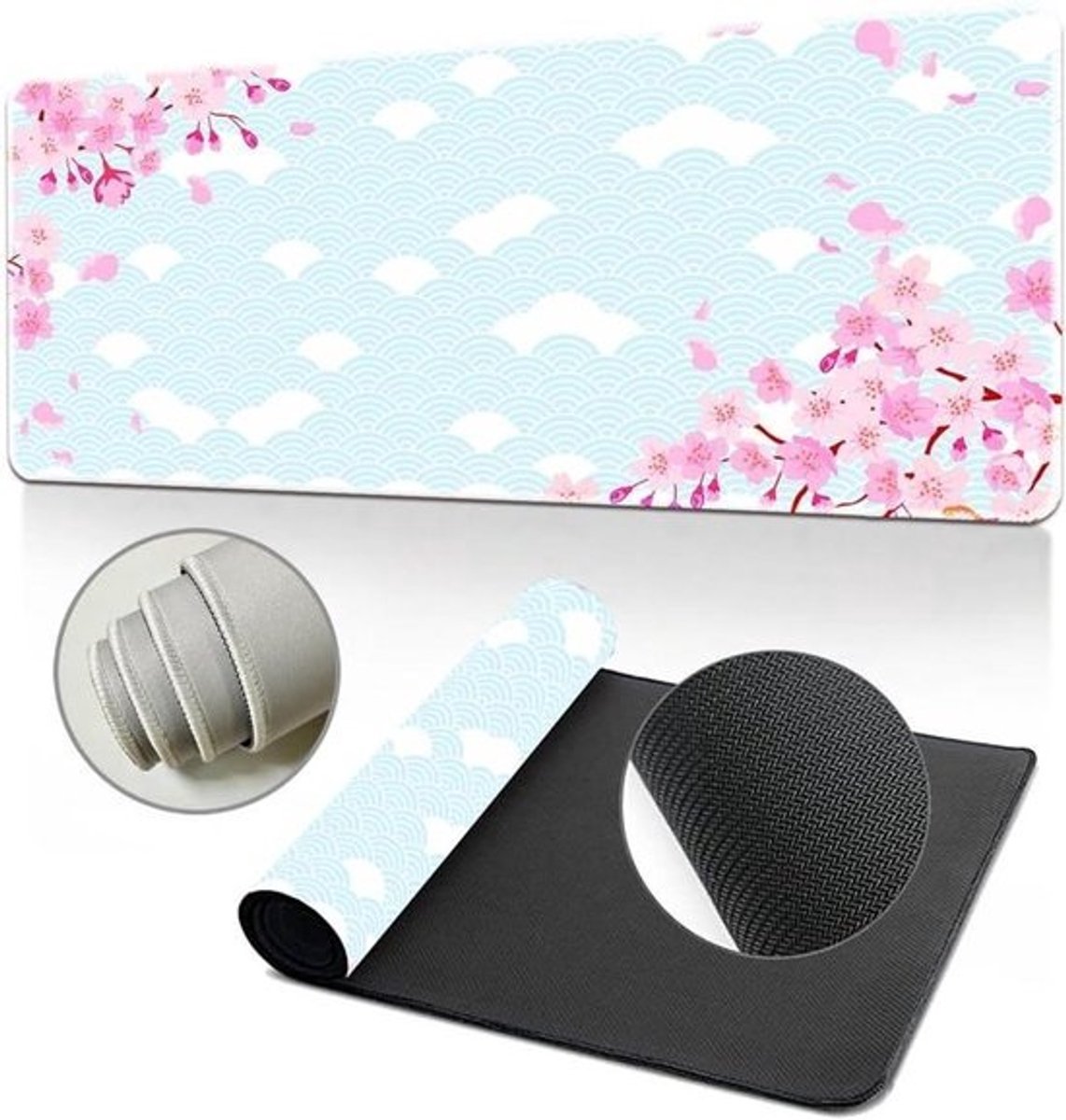 Grote Muismat - Bureauonderlegger Desk Mat - Gaming en Kantoor - Antislip Basis Genaaide Randen - 900x400mm - Sakura