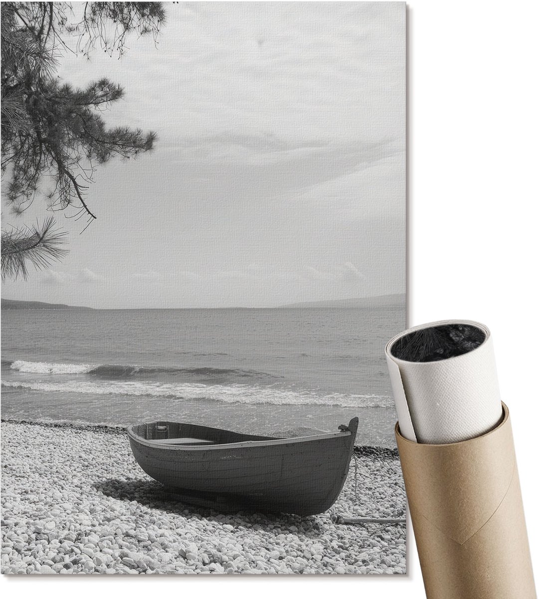 Coloray Polycanvas Poster - Strand En Boot, Fotografie - A4 - Zwart-wit Illustratie - Rechthoek - Wandkunst - Woonkamer, Slaapkamer, Kantoor - Klassiek