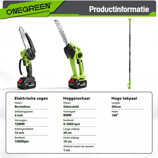 ONEGREEN Kettingzaag Telescopische Steel - Kettingzaag + Heggenschaar Set - met 2 Accu's - Telescopische Heggenschaar - 180° Einstellbarer Kopfwinkel — afbeelding 2