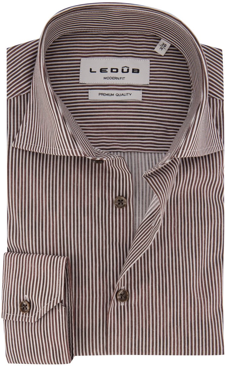 Overhemd Ledub Modern Fit bruin gestreept stretch