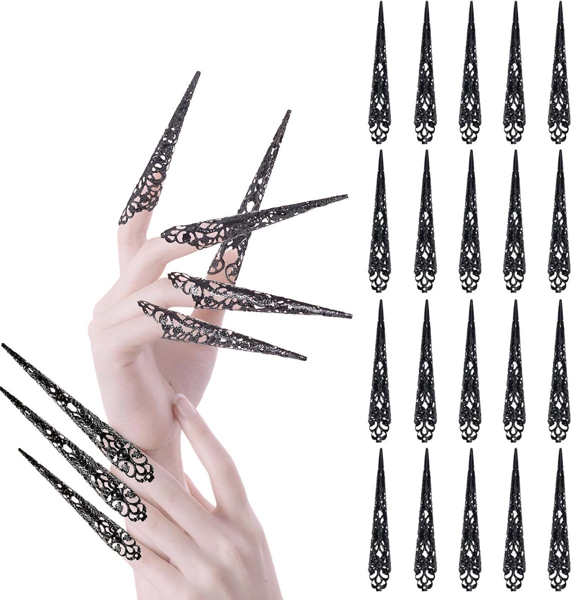 20Pcs Zwarte Vingertoppen Beschermende Nagelringen Set voor Halloween Cosplay en Dansshows
