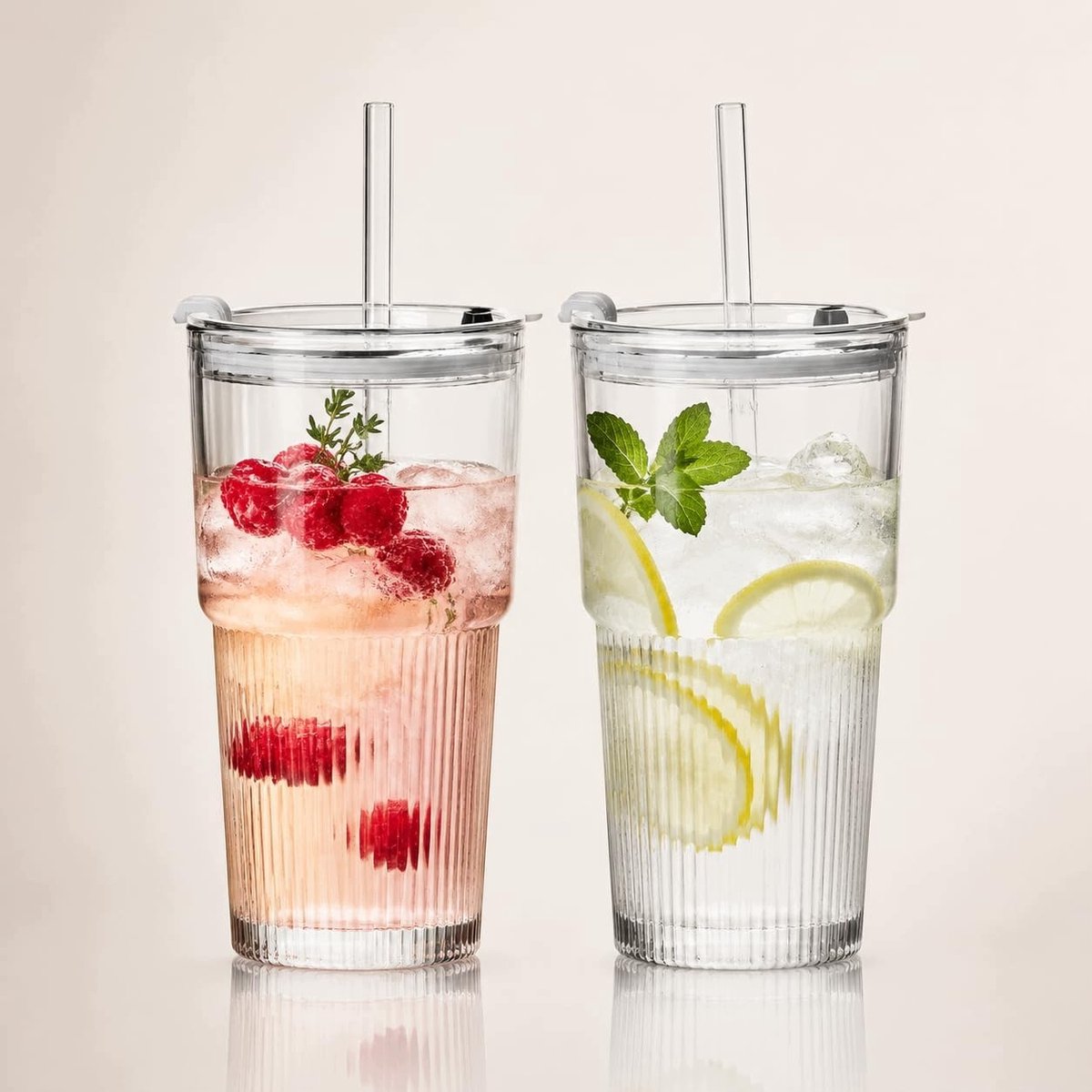Set van 2 Glazen Bekers 600ml Ribbel Design met Deksel & Rietjes