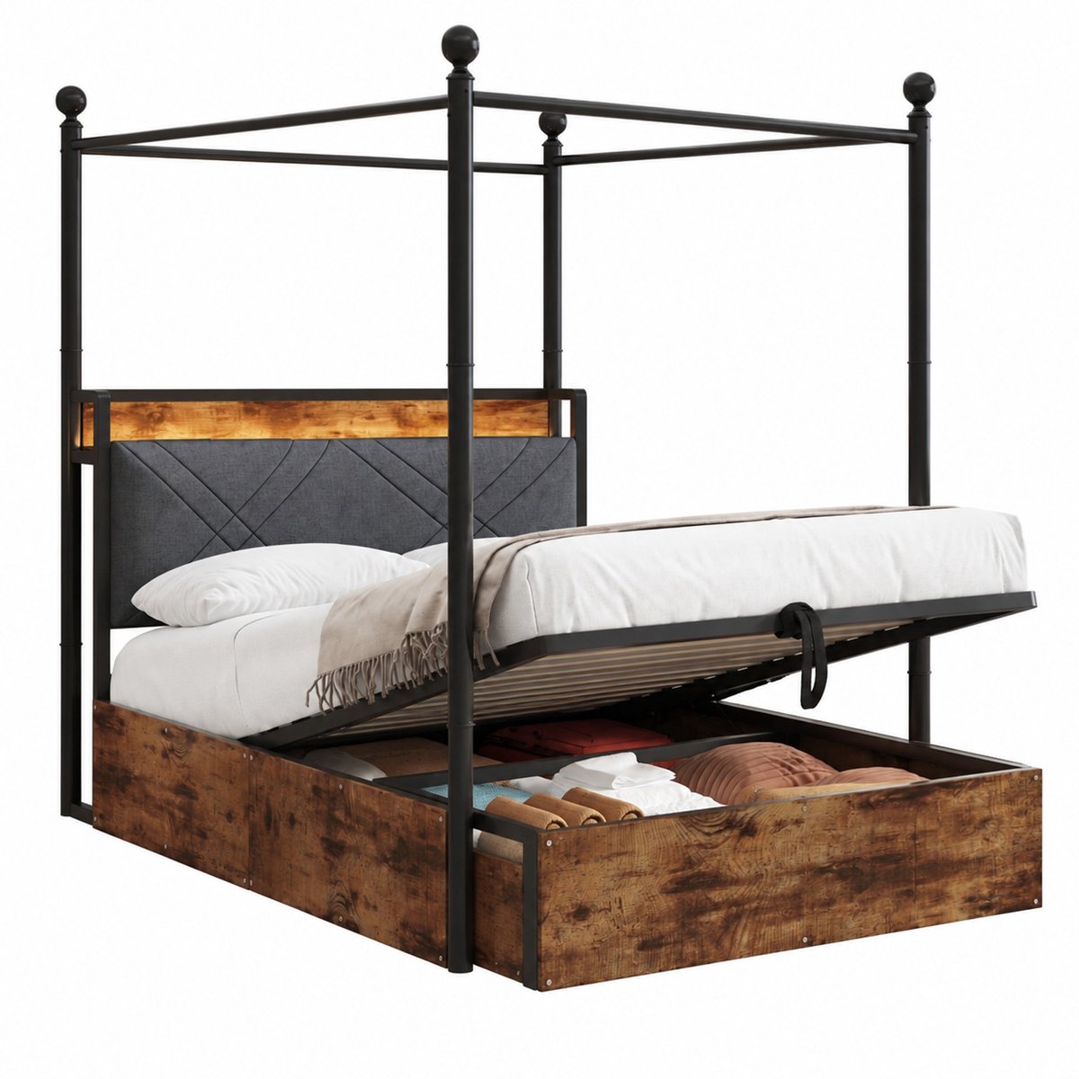 WUVRIE Hemelbed 90x190 cm met opbergruimte, LED en USB/Type-C, metaal, zwart