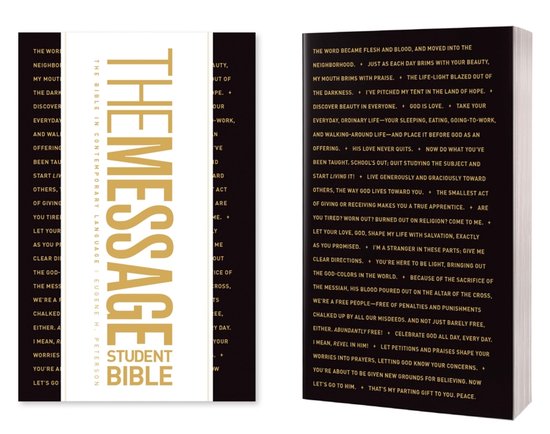 Boekomslag met de gouden titel 'The Message' op een zwarte achtergrond, met de tekst 'The Bible in Contemporary Language'.