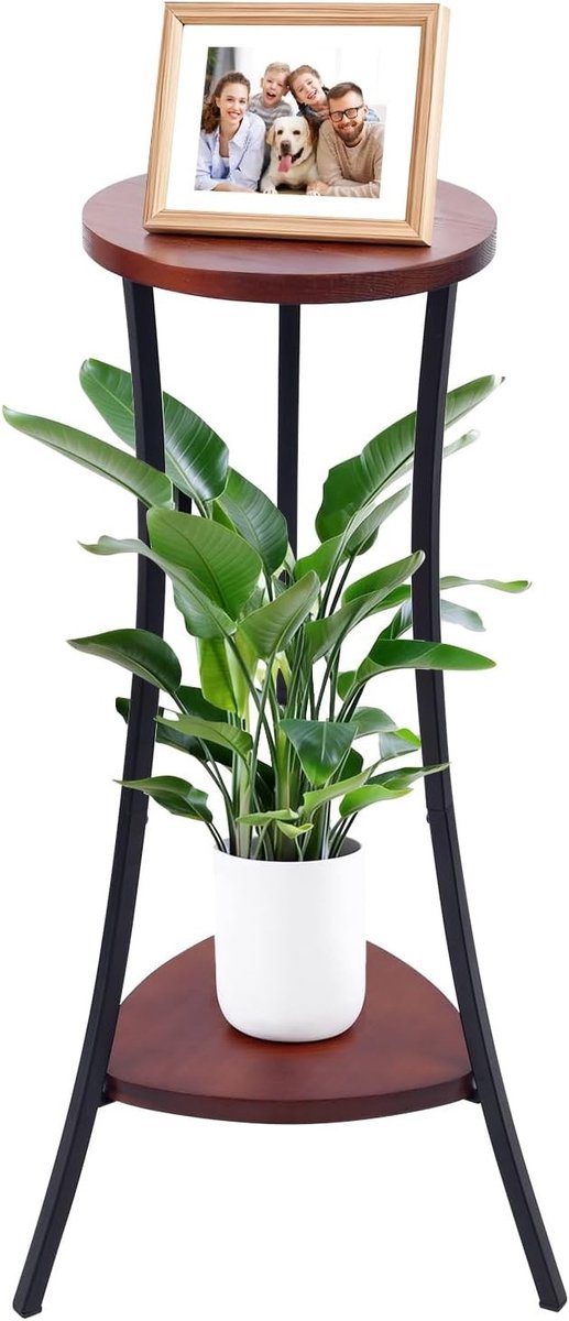 PolkaHome Houten plantenstandaard 2-laags voor binnen, hoekplantenrek met zwart metalen frame