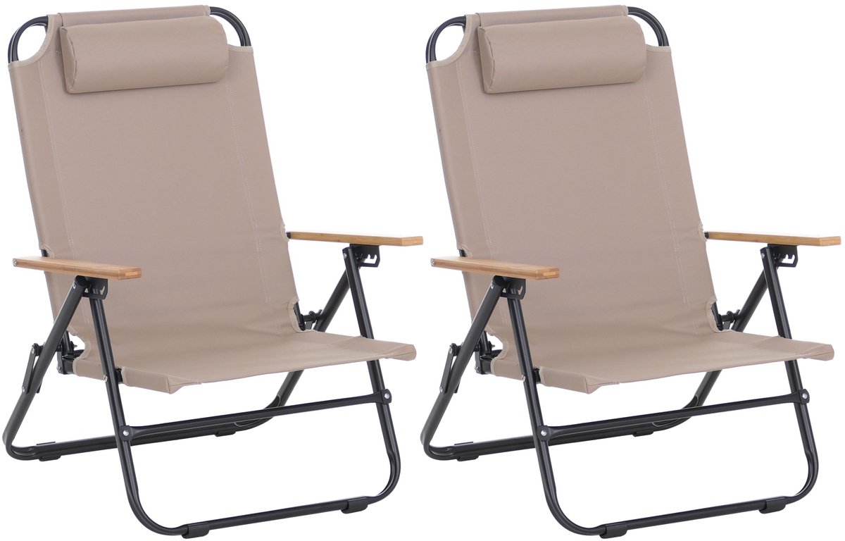Set van 2 campingstoelen MCW-Q44, tuinstoel, balkonstoel, vrijetijdsstoel, opvouwbaar, verstelbaar, voor buiten, metaal en stof ~ crème