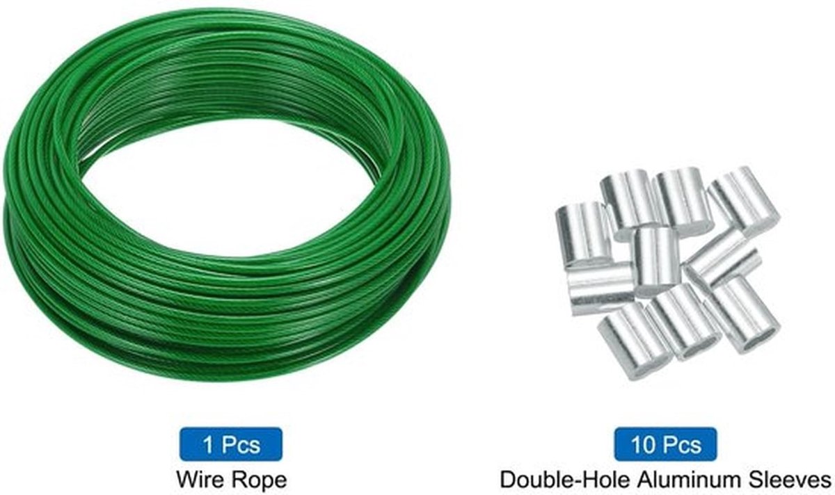 - Kabel - 30 m - Voor het ophangen van lampen en decoraties - Groen - Geschikt voor tuin en feesten - Inclusief 10 aluminium sleeves