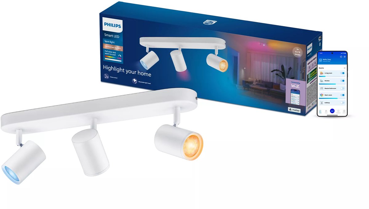 Philips Smart Lighting - opbouwspot - 3 spots - rgb - gekleurd en instelbaar wit licht - dimbaar - wit - 3x5w - gu10 fitting - werkt met de wiz app - wifi
