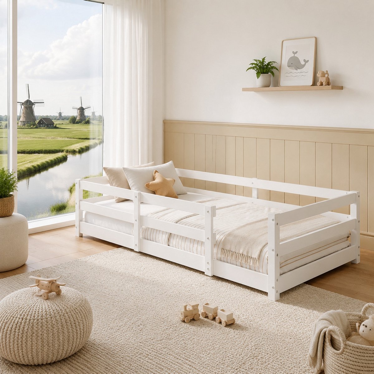 WUVRIE Montessori vloerbed 90x200 cm met uitvalbeveiliging en lattenbodem, wit