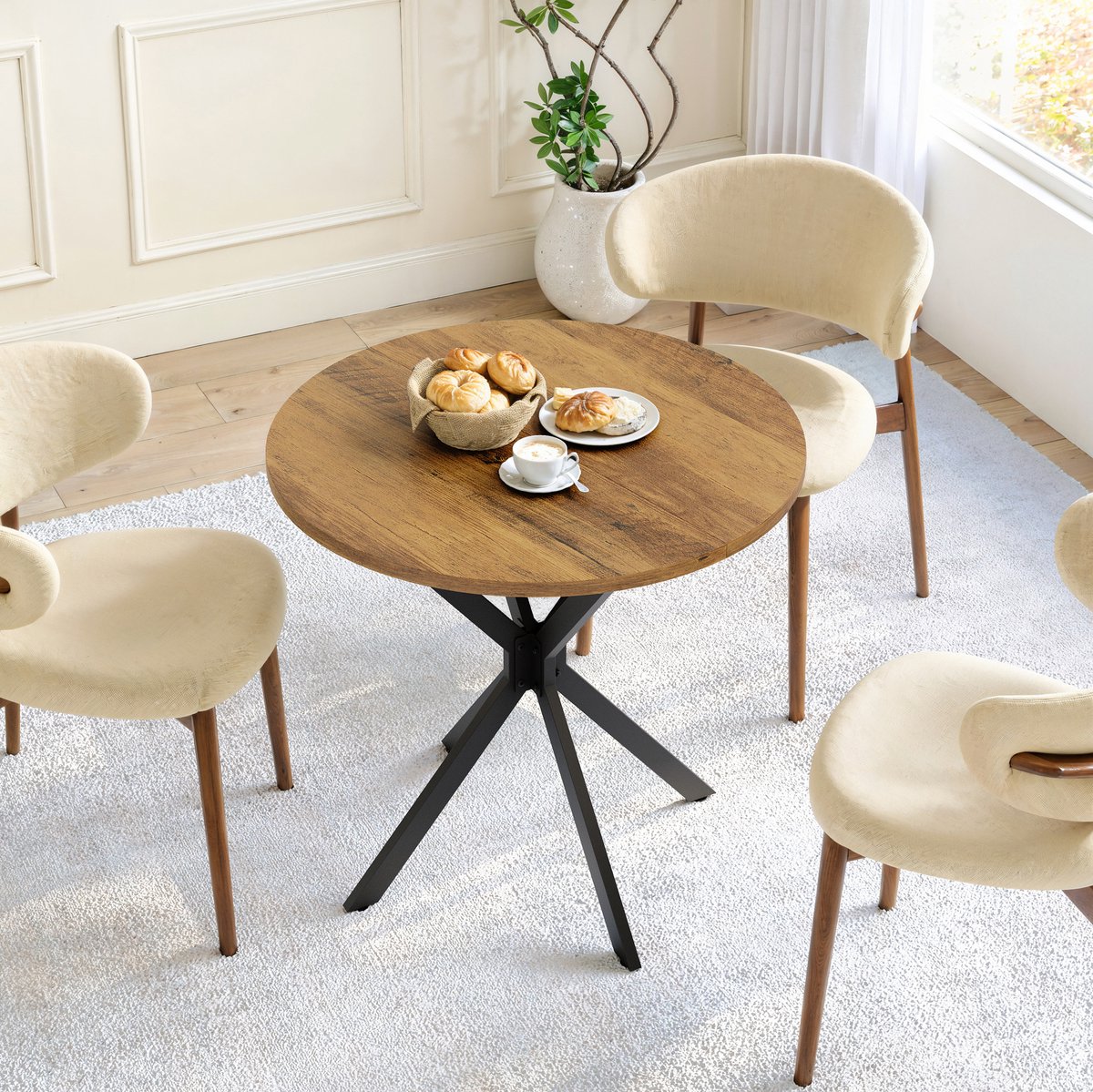 REDOM Eettafel - Ronde 80 cm tafel met X-poot - Waterbestendig tafelblad - Retro & Vintage - Keuken en woonkamer - Spaanplaat en metaal - Bruin en zwart - 80 x 80 x 75 cm