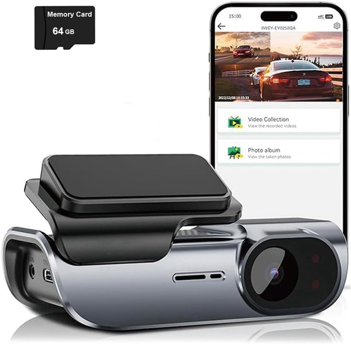 UHD 4K (3840 x 2160p) dashcam voor auto's met ingebouwde wifi, DVR-camera en videorecorder (blackbox), inclusief 24-uurs bewaking en nachtzicht.