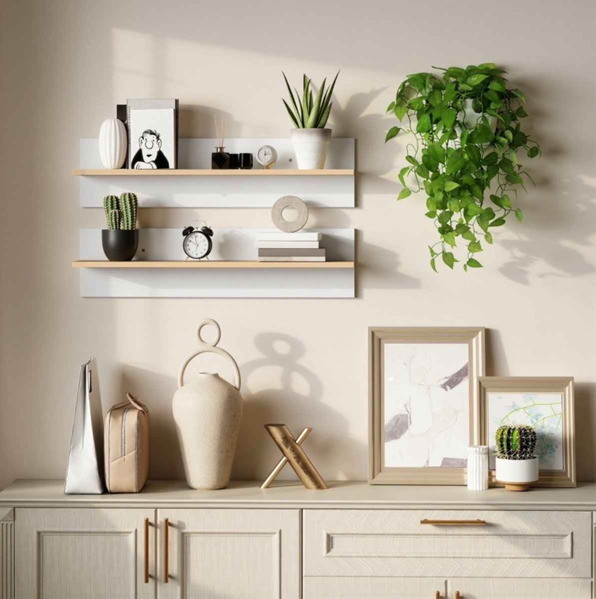 REDOM - Wandrek 2-delig - Zwevend wandmodel - Open opbergrek - Modern vintage stijl - Keuken en woonkamer - Spaanplaat met melamine - Wit - 80 x 16,5 x 20 cm