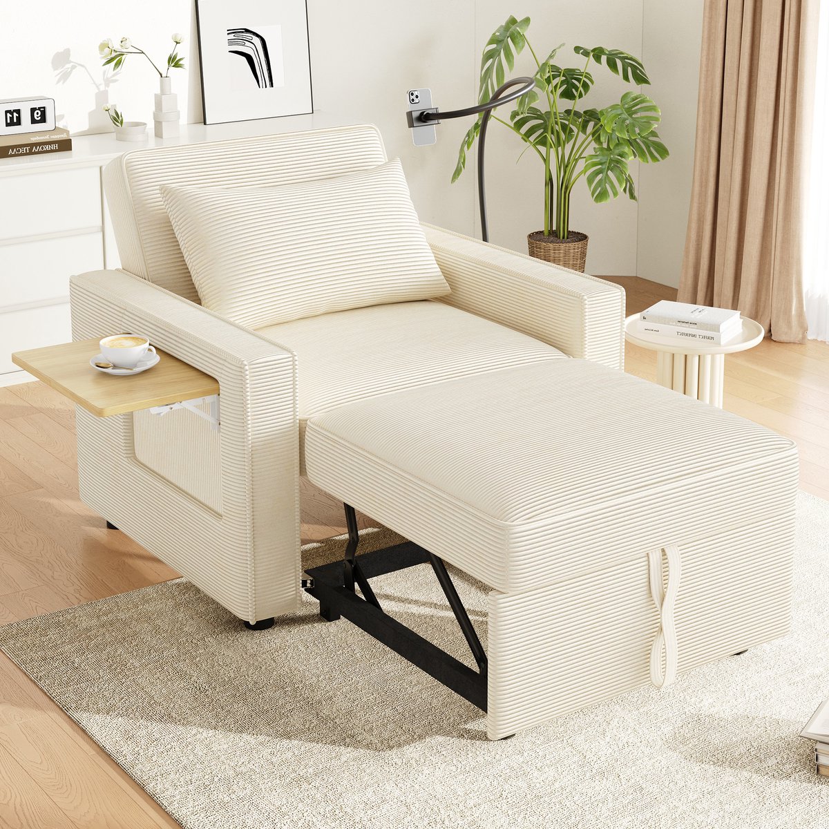 1-zits slaapbank - 150 x 93 x 85 cm - corduroy bekleding - met slaapfunctie - met verstelbare rugleuning - met opbergruimte - met USB-aansluiting