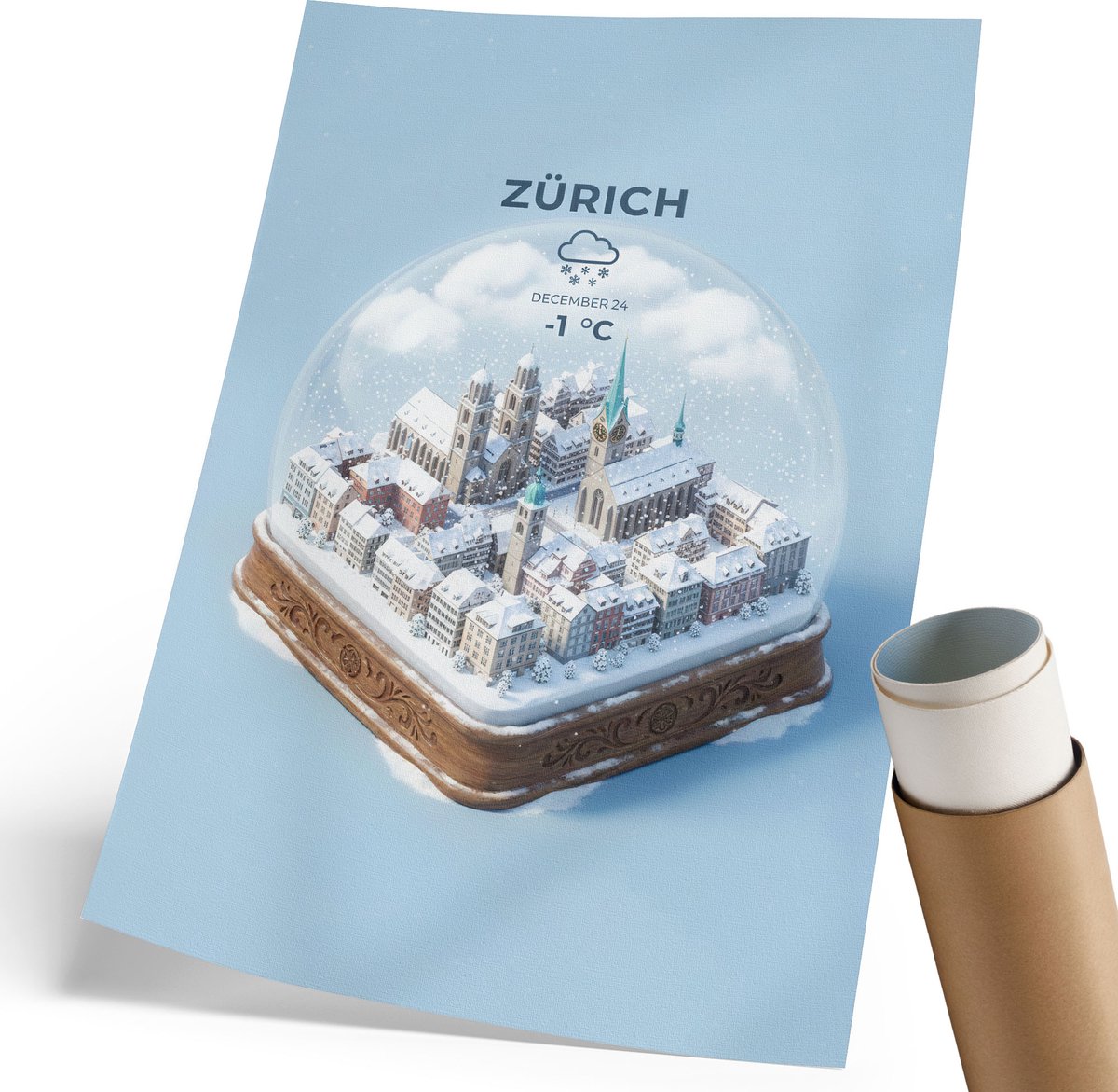 Coloray Polycanvas Wandposter - Zürich Sneeuwbol, Illustratie - 210 x 297 mm - Blauw Kunst - Rechthoek - Canvasposter - Woonkamer, Slaapkamer, Kantoor - Modern