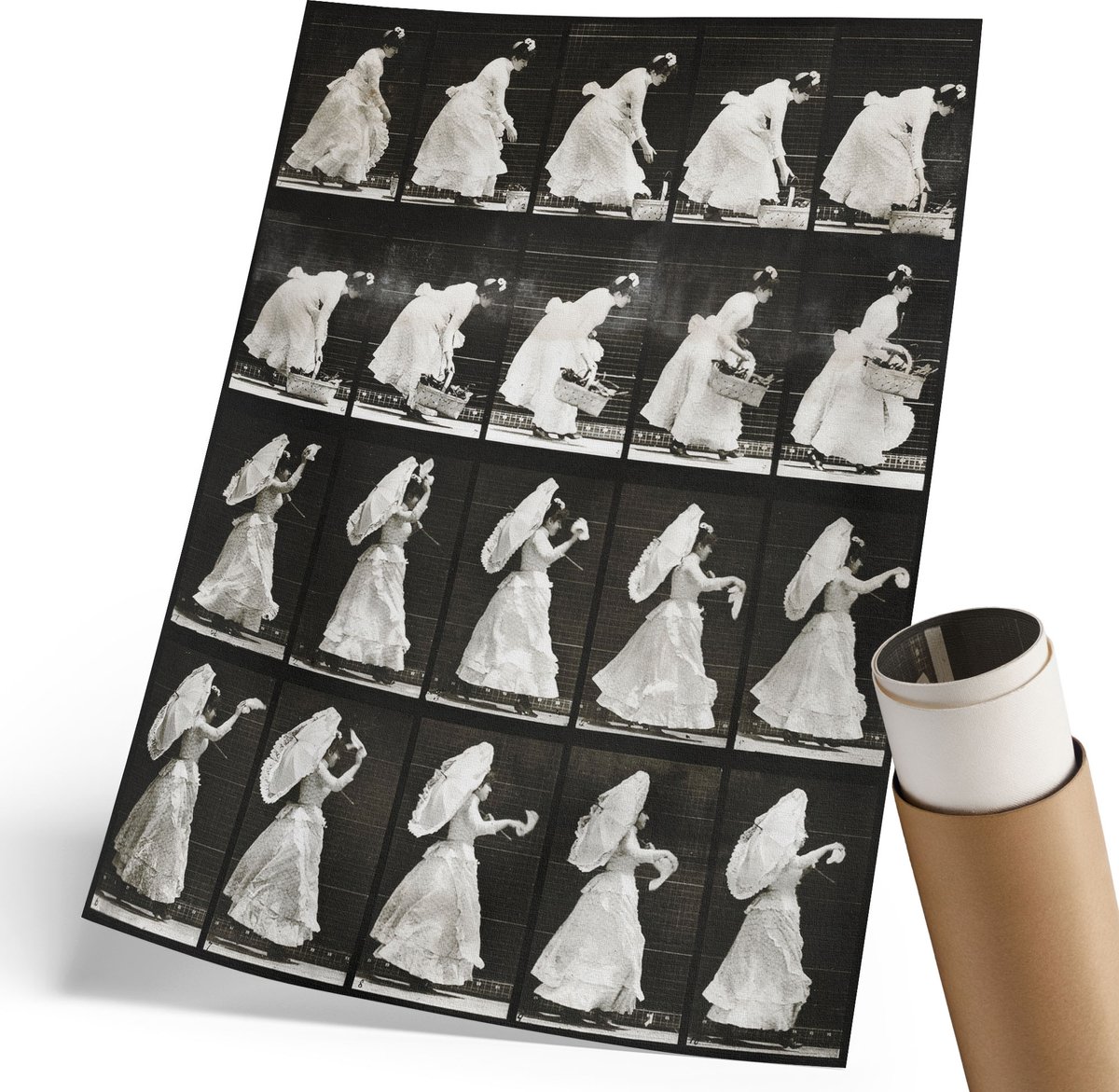 Coloray Canvas Poster Polycanvas - Vrouw Met Een Mand, Collage - 210 x 297 mm - Zwart Patroon - Rechthoek - Muurdecoratie - Woonkamer, Slaapkamer, Kantoor - Klassiek