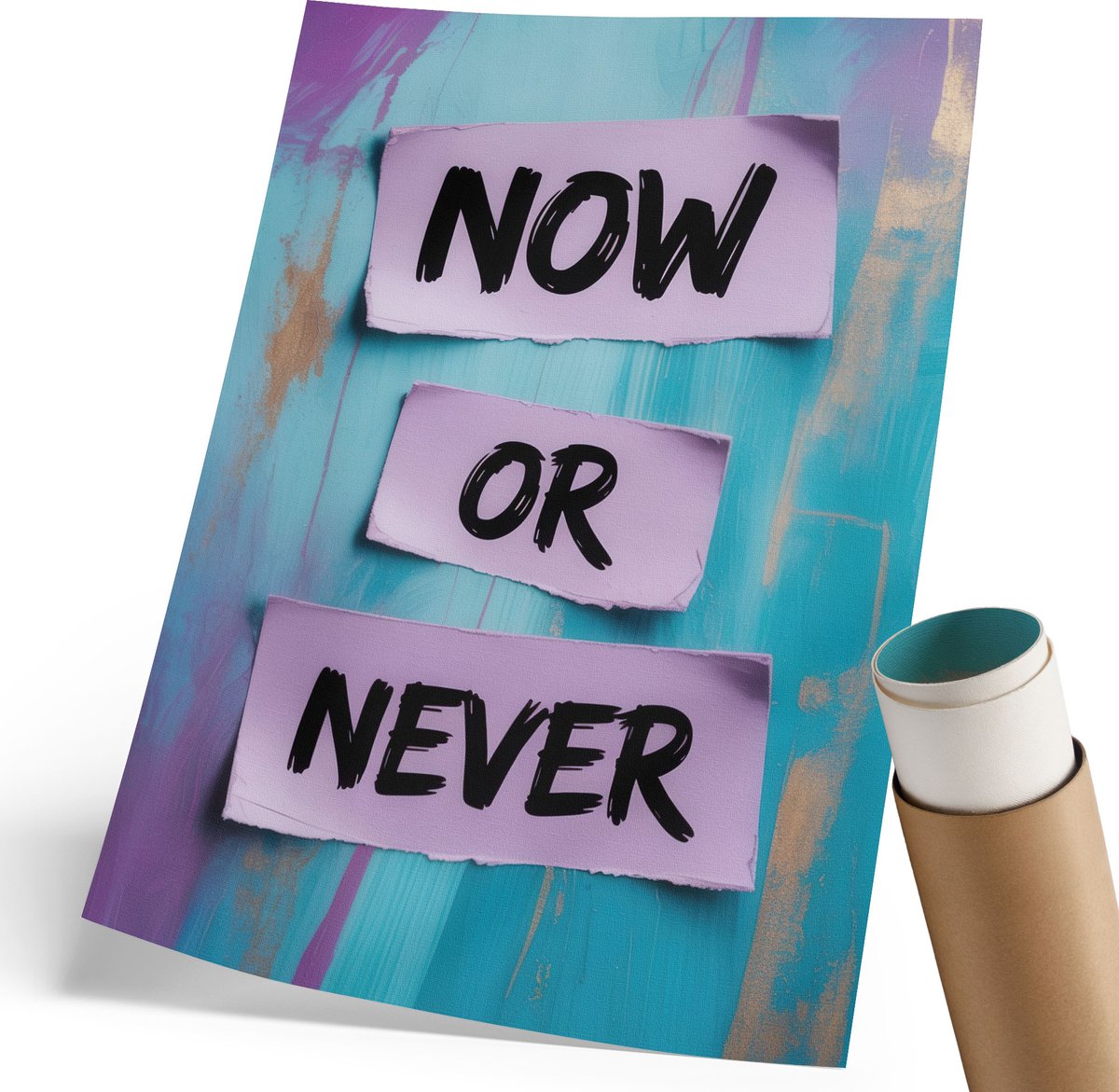 Coloray Polycanvas Wandposter - Nu Of Nooit, Typografie - 210 x 297 mm - Turkoois Patroon - Rechthoek - Interieurdecoratie - Woonkamer, Slaapkamer, Kantoor - Modern