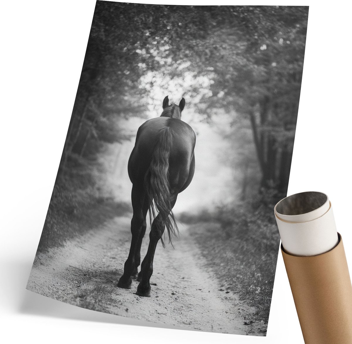 Coloray Polycanvas Wandposter - Een Paard In Het Bos, Fotografie - 210 x 297 mm - Zwart-wit Decoratie - Rechthoek - Muurkunst - Woonkamer, Slaapkamer, Kantoor - Klassiek