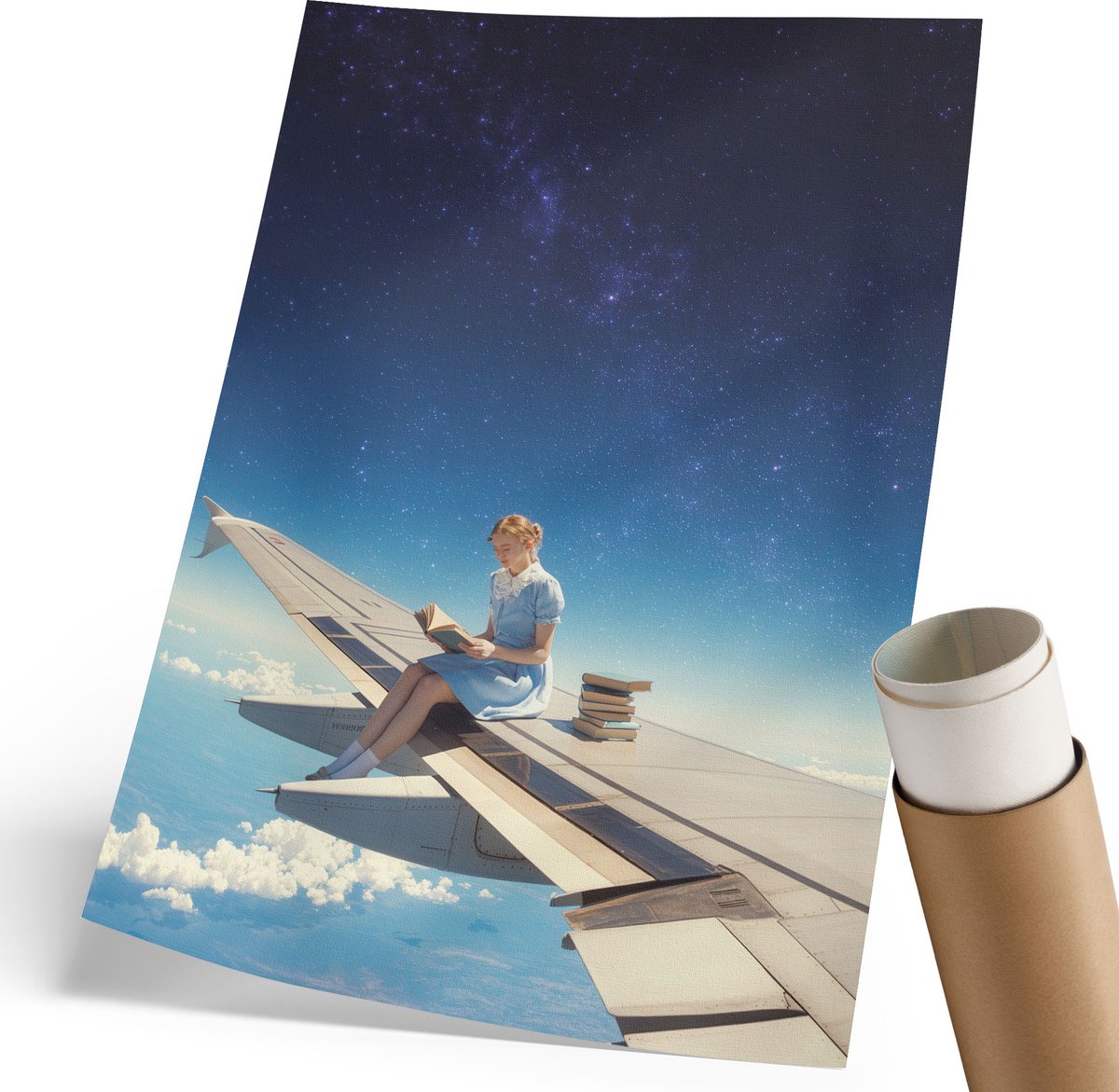 Coloray Polycanvas Wandposter - Kosmische Lezing, Illustratie - 210 x 297 mm - Blauw Motief - Rechthoek - Wandkunstwerk - Woonkamer, Slaapkamer, Kantoor - Retro