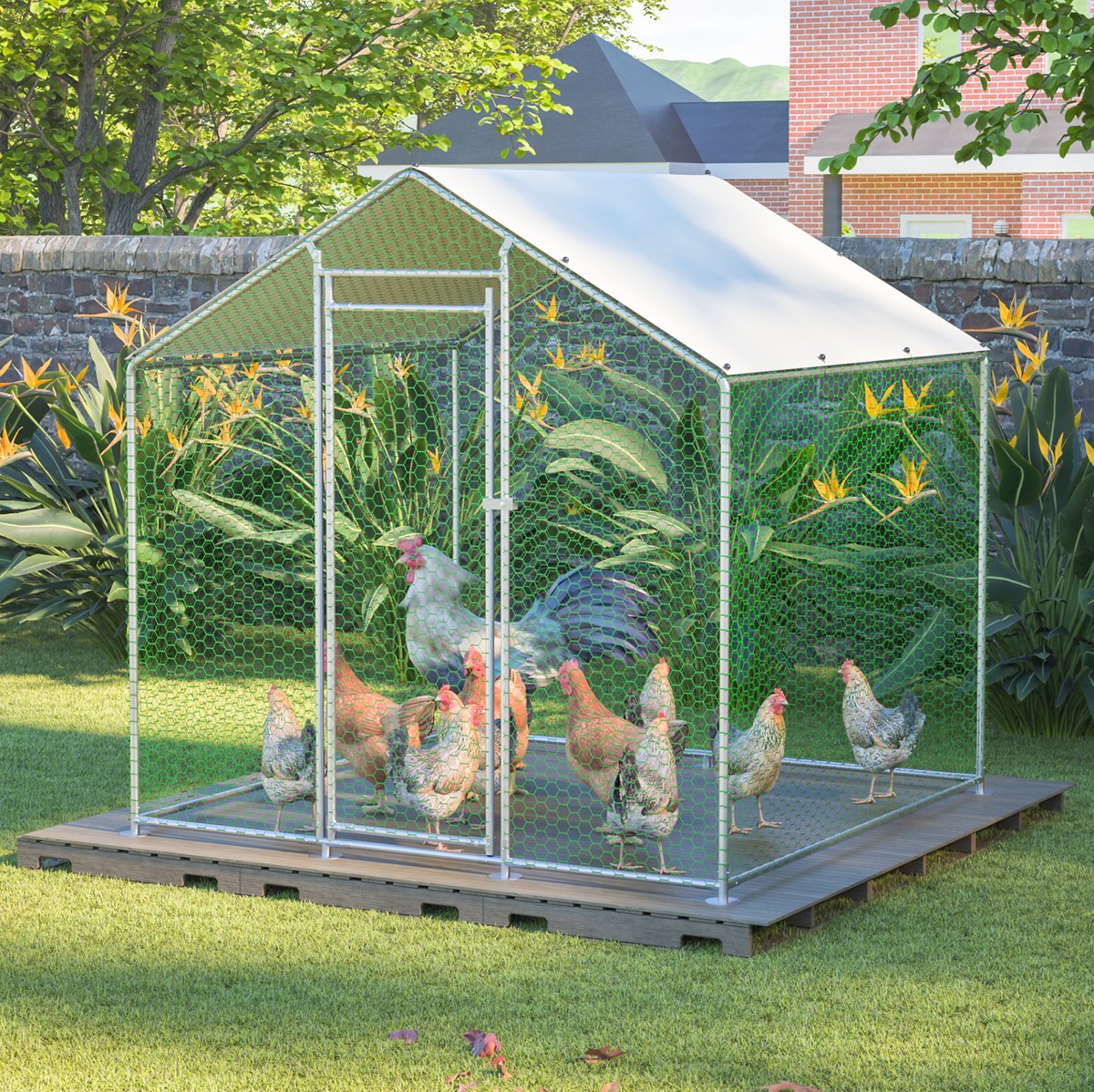 REDOM - Kippenren - Verzinkt stalen frame - Met veiligheidsslot en PE dakzeil - Voor buitengebruik - Metaal en PE - Zilver - 2 x 2 x 2 m