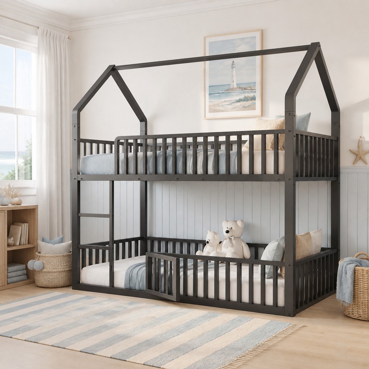 REDOM - Stapelbed voor kinderen - Huisvormig metalen bedframe met veiligheidshekken - Met trap en openklapbare deur - Zwart - 90 x 200 cm
