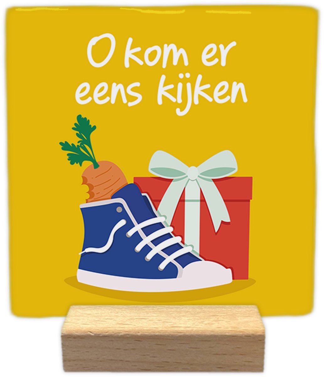 Artige Sinterklaas decoratie tegel met tekst - O kom er eens kijken - keramisch - 10x10 cm - inclusief houder Geel