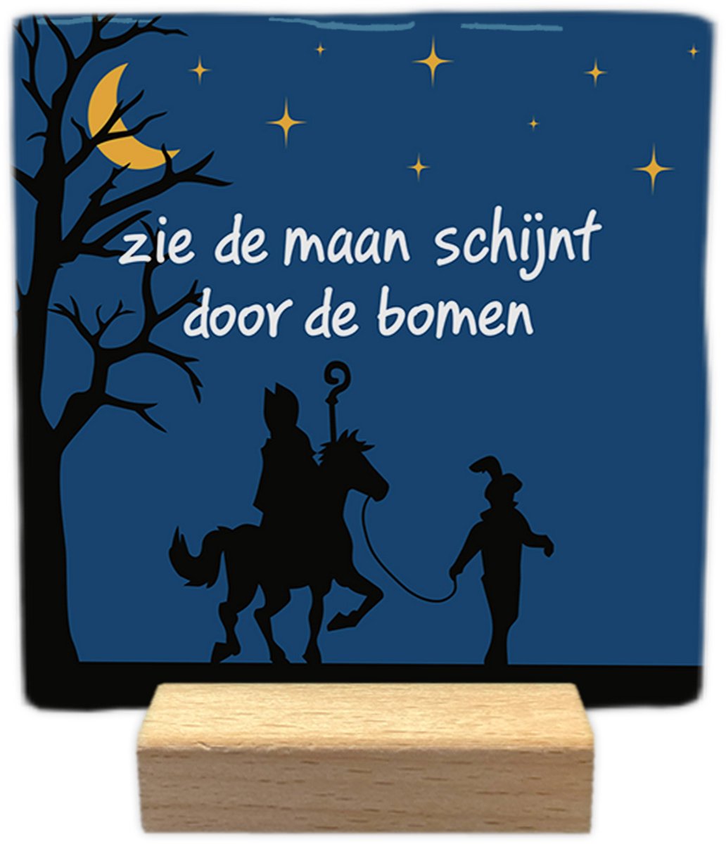 Artige Sinterklaas decoratie tegel met tekst - Zie de maan schijnt - keramisch - 10x10 cm - inclusief houder blauw