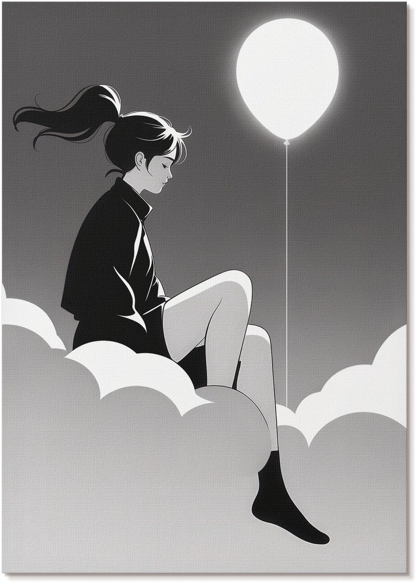 Tulup Polycanvas Poster - Meisje En Ballon, Illustratie - A4 - Wit Design - Rechthoek - Kunstposter - Woonkamer, Slaapkamer, Kantoor - Romantisch