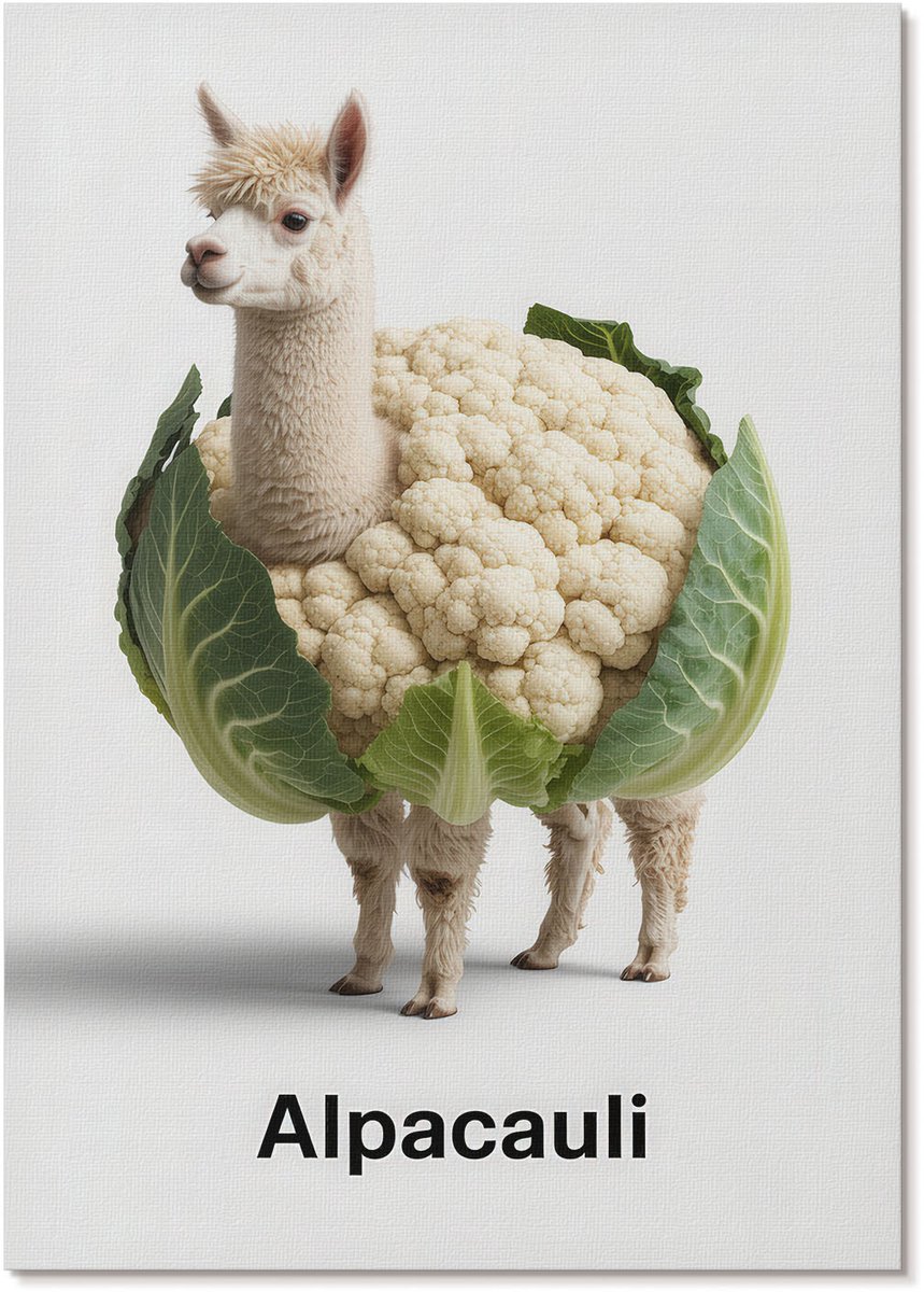 Tulup Polycanvas Wandposter - Alpaca Bloemkool, Illustratie - A4 - Wit Wanddecoratie - Rechthoek - Canvasposter - Woonkamer, Slaapkamer, Kantoor - Humoristisch