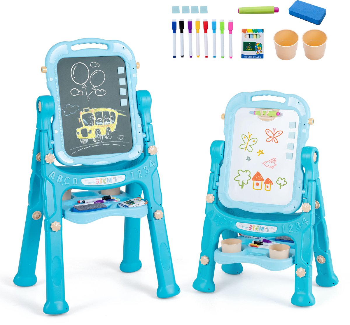 COSTWAY 4-in-1 kinderbord, dubbelzijdige kinderezel (groen)