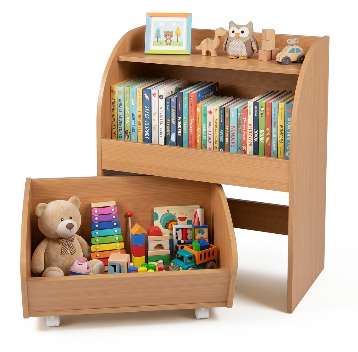 COSTWAY 3-traps kinderschap met lade op wieltjes (Naturel)