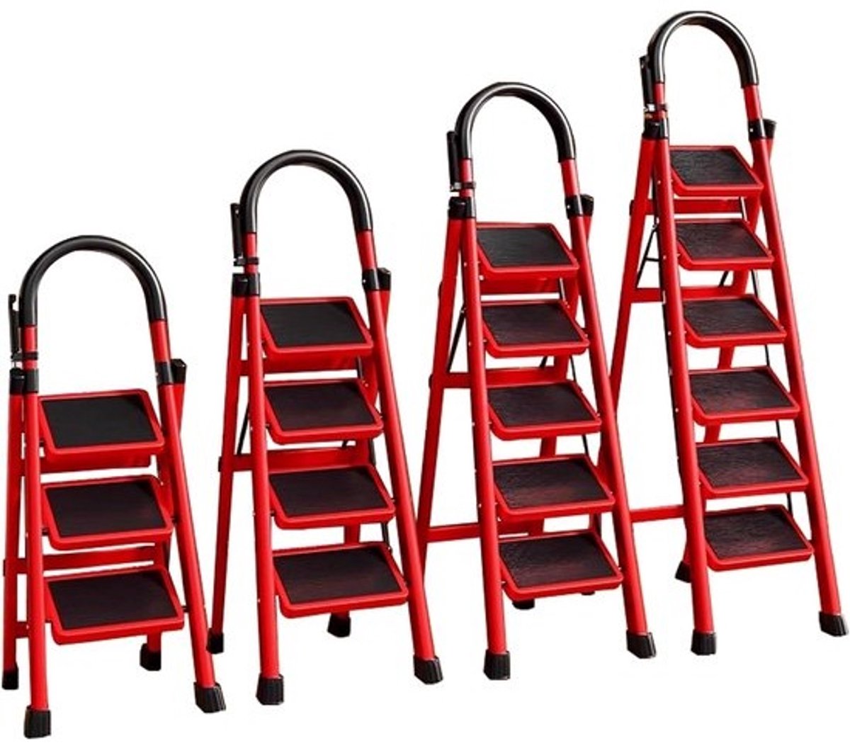 Opvouwbare Opstapkruk - Stalen Trapje - Klusjes Thuis - 3 Brede Treden - Compact Opvouwbaar - Rood