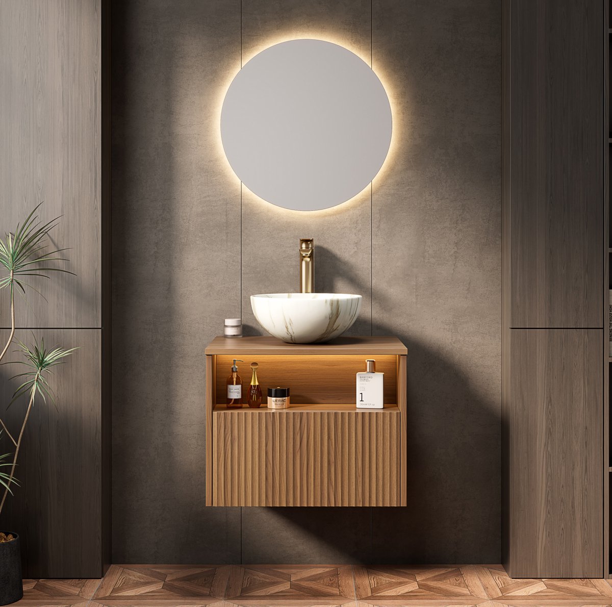 FloraGrace Dressoir - Wandhangende Badkamerkast Met Wastafel En Ledverlichting - Voor Moderne Badkamer - Multiplex En Keramiek - 60x46x60,8 Cm - Bruin Eiken En Wit