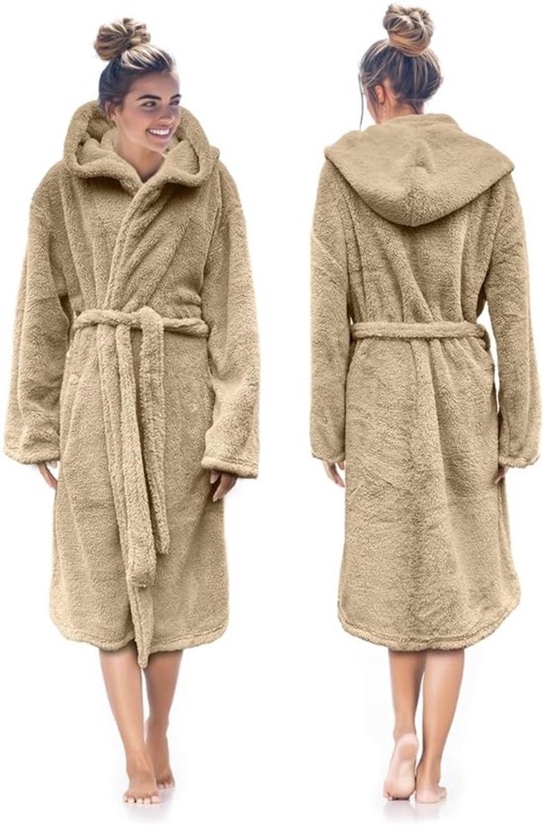 Pluche Badjas - Dekenjas Home Wear - Thuis Ontspannen - Inclusief Teddy Tas - Maat XL - Zandkleur